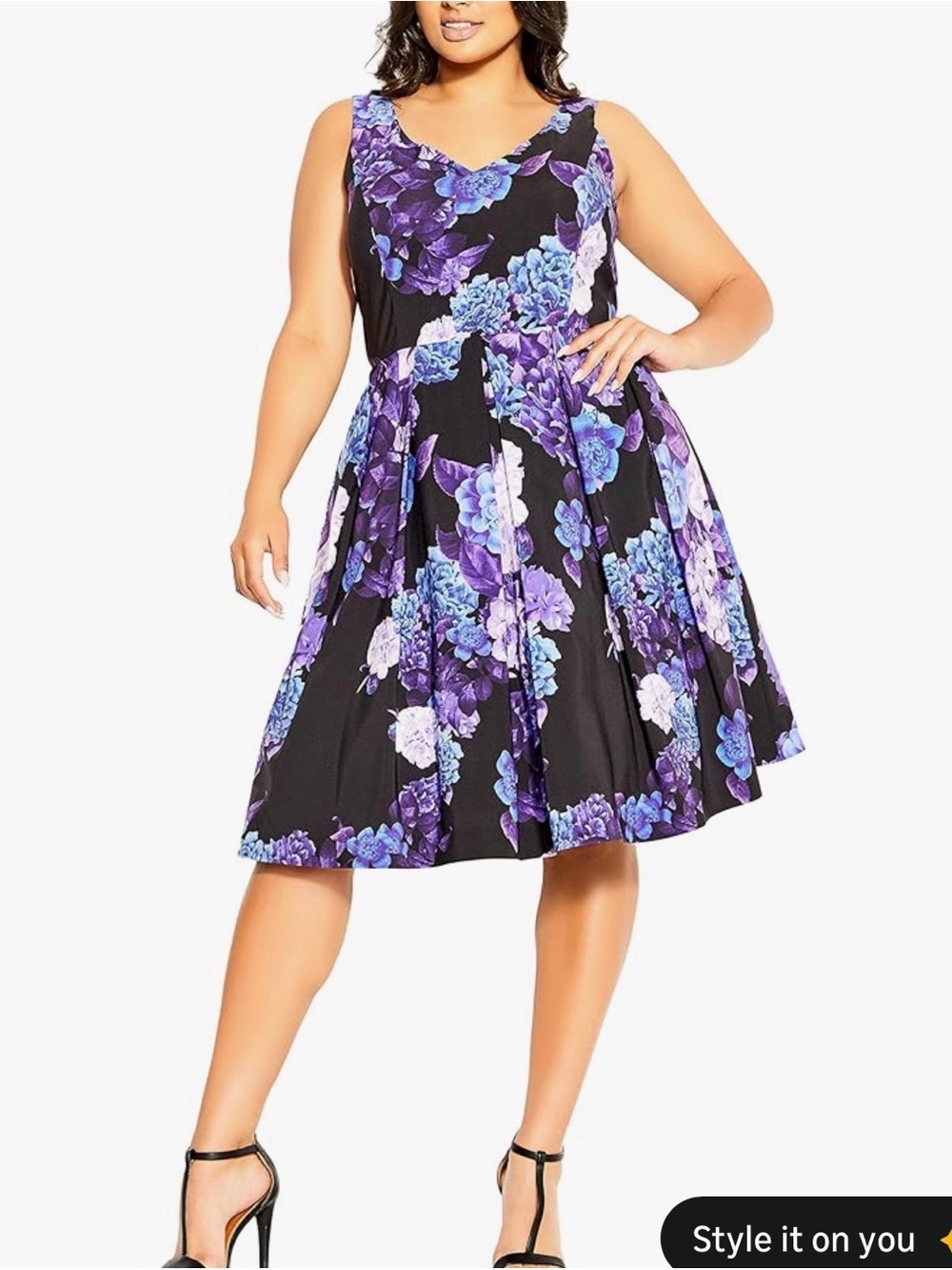 City Chic Black Midi Dress with Purple Floral Print